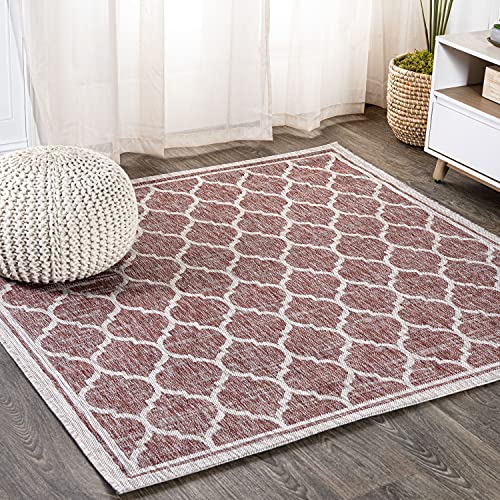 JONATHAN Y Moroccan Trellis Indoor Outdoor Square Area Rug 7X7 Red/Beige, Trebol Textured Weave for Backyard, Patio, Porch, Easy-Cleaning, High Traffic, Pet-Friendly, Non-Shedding (SMB109C-7SQ) - color: Red/Beige, size: 7'1" x 7'1" (Square)