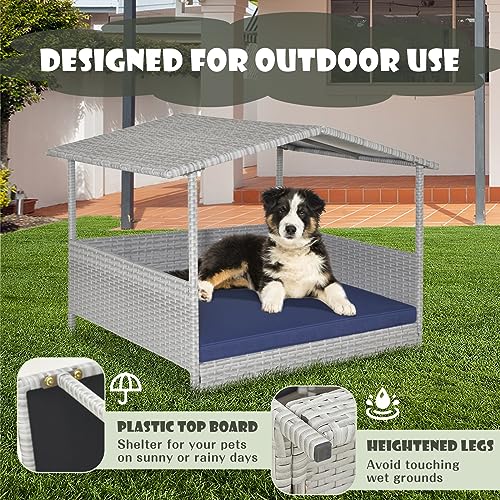Giantex Wicker Dog House, Raised Rattan Dog Bed with Waterproof Roof, Washable Cushion Cover, Steel Frame, Indoor Outdoor Elevated Dog Bed Pet House for Small Medium Dogs Cats, Easy Assembly - style: Light Gray House & Navy Cushion