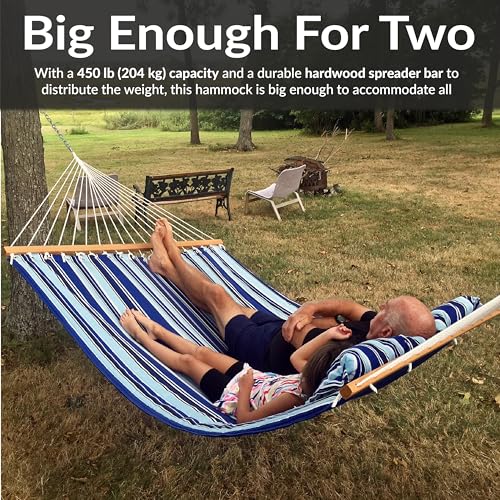 Sunnydaze Quilted Double Hammock for Outside with Spreader Bars and Pillow - 450 lb Capacity, 74x55 Inch Bed, UV Resistant, Quick Dry - Chains Included, Stand Sold Separately - Catalina Beach - color: Catalina Beach