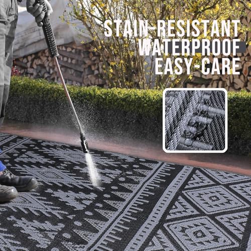 OLANLY Outdoor Rug Waterproof 10x14 ft, Reversible Outdoor Plastic Straw Rug, Boho Patio Rug, Indoor Outdoor Carpet, RV Mat Outside for Patio, Camp, Picnic, Balcony, Deck, Backyard, Black & Grey - color: Black & Grey, size: 10' X 14' (Rectangular)