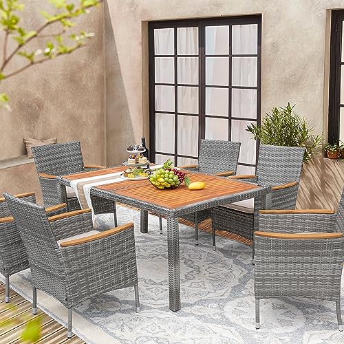 Devoko Dining 7 PCS Furniture, Patio Conversation Set with Acacia Wood Table Top, Outdoor, Beige Cushion and Grey Rattan - color: Grey, style: 7 Piece Dining Set