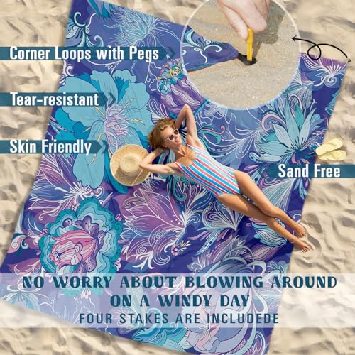 Famstar Beach Blanket Sandproof Waterproof 78''×110'' 1-7Adults Oversized,Compact Lightweight Durable Beach Mat for Travel Camping Hiking Picnic Blanket - color: Flower, size: 78''×110''