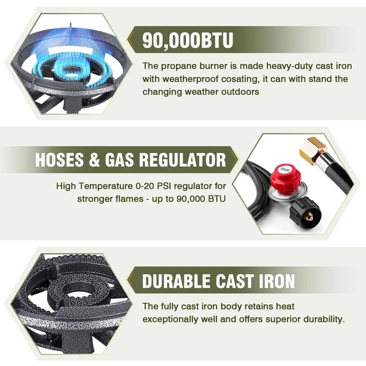 Bestfire 13" Single Propane Burner Stove 90,000 BTU Cast Iron Portable Outdoor Burner with 0-20 PSI Adjustable Regulator and 4ft Hose Perfect for Outdoor Wok Cooking - color: 13“ wok burner