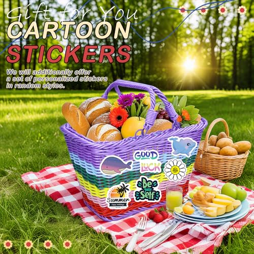Picnic Basket with Handles, Rainbow Small Woven Wicker Basket for Kid Blue Garden Harvest Rattan Hamper Gift Basket Empty for Storage Toy Flower Wedding - color: Rainbow