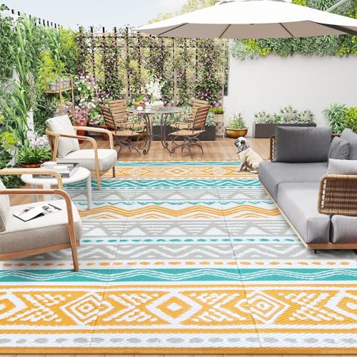 Lahome Waterproof Outdoor Rug 9x12, Reversible Outdoor Plastic Straw Rug for Patio, RV Camping Rugs Picnic Mat Outside, Large Outdoor Carpet for Beach Deck Backyard(Blue/Yellow,9'x 12') - color: Blue/Yellow, size: 9'x12'