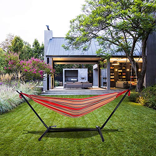 Double Hammock with Steel Stand, Adjustable Hammock Bed,Portable Outdoor Polyester Hammocks Set,2-Person Heavy-Duty Hammocks for Camping Garden Backyard Patio,250lbs Capacity (Red Stripe) - color: Red Stripe