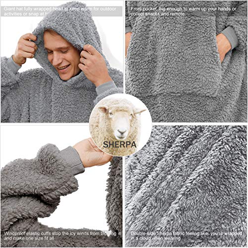 Sherpa Wearable Blanket Oversized Hoodie Sweatshirt TV Blanket with Long Sleeves and Pocket-Gray - color: Gray