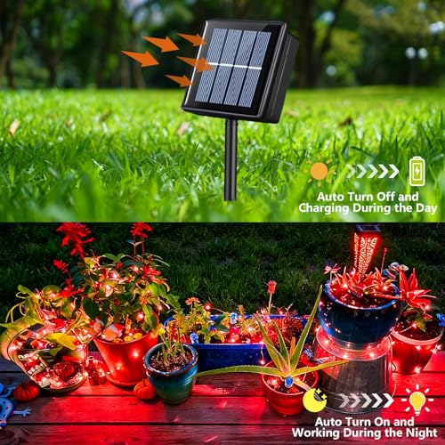 YEGUO 4 Pack Red Solar Fairy Lights, Each 33ft 100 LED Valentines Lights Outdoor Waterproof, 8 Modes Sliver Wire Solar Christmas String Lights - color: Red