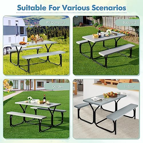 MEDIMALL Portable Picnic Table With Benches, Plastic Bench Set With Metal Frame & All Weather Tabletop, Large Camping Table for Outdoors, Backyard, Garden (Gray) - color: Grey
