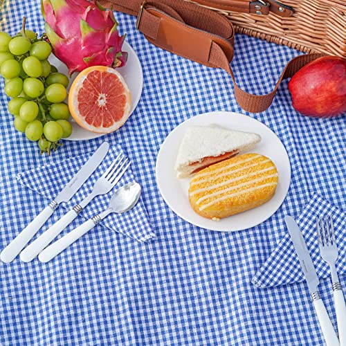 Picnic Basket for 4, Insulated Willow Picnic Baskets with Shoulder Strap, Picnic Hamper with Waterproof Picnic Blanket, Handmade Wicker Hamper for Outdoor, Great Gifts for Thanksgiving, Christmas - style: BlueCheck-4P