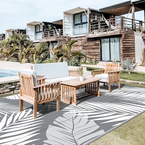 GENIMO Outdoor Rug 10' x 20' Waterproof for Patios Clearance, Reversible Outdoor Plastic Straw Camping Rug Carpet, Large Area Rugs Mats for RV, Camper, Deck, Balcony, Porch, Beach, Picnic, Grey&White - color: Grey & White | Waterproof, size: 10' x 20' (Re