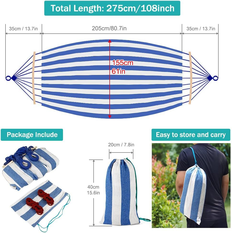 MOSFiATA Hammocks Portable Camping Hammock Upgraded 550lb Comfortable Fabric Hammock with Two Anti Roll Balance Beam and Sturdy Metal Knot Tree Straps for Camping, Patio, Backyard, Outdoor(Blue White) - color: Blue White