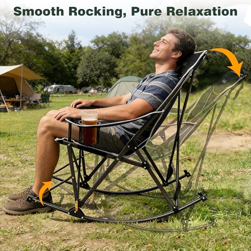SUNNYFEEL Oversized Folding Rocking Camping Chair with Buckle Design 2 Pcak Outdoor Rocker High Back Lawn Camp Rocker Chair with Cup Holder 500 LBS for Outdoor/Camping/Lounge/Patio with Carry Bag - color: Black, size: 2 Pc