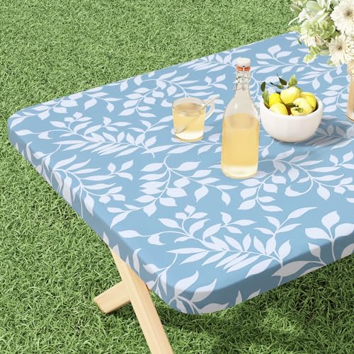 misaya Rectangle Vinyl Tablecloth, Fitted Table Cover, 100% Waterproof, Elastic Edge, Flannel Backing, Plastic Table Cloth Fit 8 Foot Folding Tables for Picnic, Camping (Blue Leaves, 30x96 inch) - color: Baby Blue, size: 96" x 30" (Rectangular)