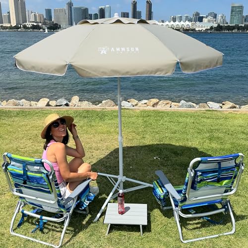 AMMSUN Shade Umbrella, Premium Portable Umbrella with Stand, 6.5ft Lightweight Free Standing Canopy for Sporting Games, Adjustable Instant Sun Protection and Easy to Carry, Beige - color: Beige