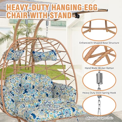 Double Egg Chair Outdoor with Stand & Canopy,Hanging Loveseat Hammock Swing Chair with Leg Rests & UV Resistant Cushion,Patio Swinging Chair,600LBS Capacity for Bedroom Balcony Garden - color: Double Chair & Footrest & Canopy, size: Yellow Frame & Floral