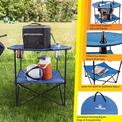 Wakeman Camp Table - Round 2-Tier Folding Table with 4 Cupholders and Carrying Bag - for Camping, Beach, Picnic, Sporting Events, and More Outdoors,Blue - color: Blue