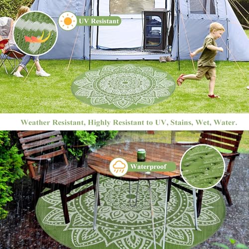 famibay Round Outdoor Rugs for Patios 6 Ft Round Outdoor Rug Waterproof Round Patio Rug Outdoor Plastic Straw Rug Lightweight Portable Boho Outdoor Carpet Mats for Patio Camping Porch(Yellowish Green) - color: Yellowish Green, size: Round 6ft