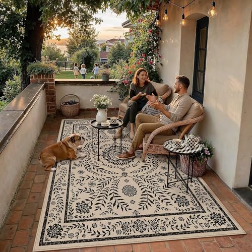 HUGEAR 5x7 Vintage Jute Indoor Outdoor Rug Washable Linen Textured Weave High Traffic Stain Resistant Non Slip Durable Carpet for Livingroom Patio Deck Balcony Courtyard (Floral Black, 5' x 7') - color: Floral / Black, size: 5'x7' (Rectangular)