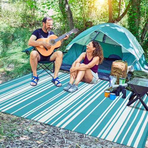 GarveeHome Modern Striped 9x12 Reversible Plastic Straw Outdoor Large Rug Geometric Lines Indoor Outdoor Rugs Stain Portable Outside Carpet for Camping Trailer Backyard Balcony Pool, Light Blue White - color: Geometric Stripes| Teal White, size: 9' x 12'