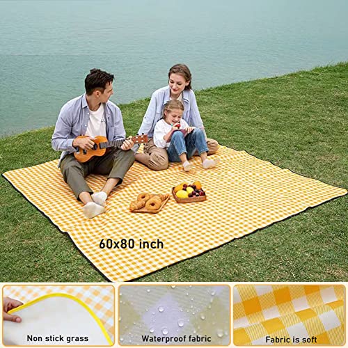 RUIBOLU Beach Blanket Large Picnic Blankets, 80x60in Sandproof Beach Mat for 2-4 Adults Waterproof Quick Drying Outdoor Picnic Mat for Travel Camping Hiking Festival Park Lawn (Yellow Plaids) - color: Yellow Plaids