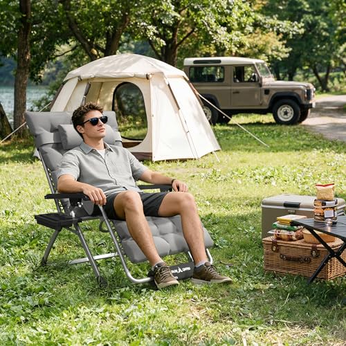 Amopatio Oversized Padded Zero Gravity Chair, XL 29In Reclining Camping Lounge Chair w/Removable Cushion&Headrest, Upgraded Lock and Footrest, Folding Patio Recliner for Indoor Outdoor, Grey - color: Light Gray XL, size: 29in
