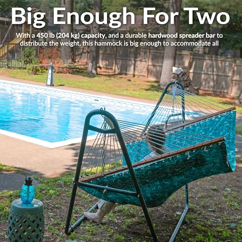 Sunnydaze Quilted Double Hammock for Outside with Spreader Bars and Pillow - 450 lb Capacity, 74x55 Inch Bed, UV Resistant, Quick Dry - Chains Included, Stand Sold Separately - Cool Blue Tropics - color: Cool Blue Tropics