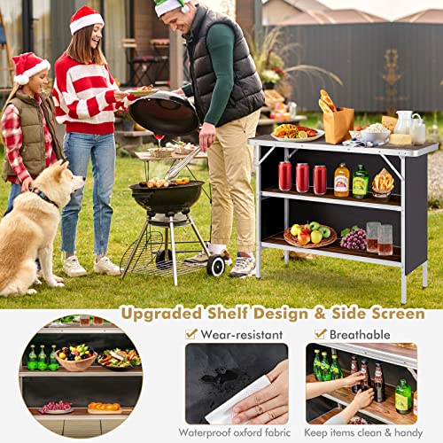 Goplus Folding Camping Table, Aluminum Portable Pop-Up Bar Table with 2-Tier Storage Shelves, Removable Cloth Cover, Foldable Camp Table for Picnic, Tailgate, Party, Travel, Outdoor - color: Grey