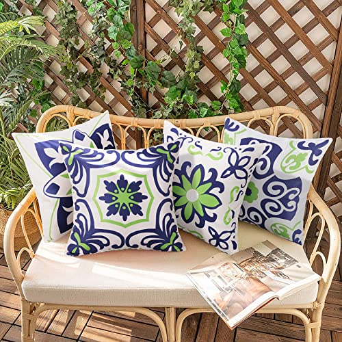 Pyonic Set of 4 Outdoor Pillow Covers 18x18 Waterproof Decorative Throw Pillow Covers Floral Printed Farmhouse Boho Pillowcase for Patio Funiture Garden Navy Blue - color: Navy Blue, size: 18" x 18" (Pack of 4)