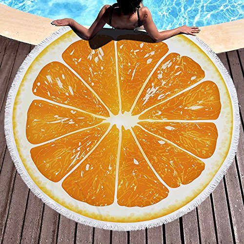 Oversize Fruit Round Beach Towel with Tassel Multi-Purpose Yoga Mat Kids Crawl Pads Towel Blanket Microfiber Circle Large Towel for Adults Teens - 59" (Orange) - color: Orange