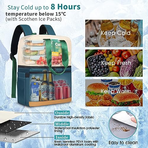 Scothen Backpack Cooler with Double Decker & 12 Ice Packs- Keeps 36 Cans Cold for Up to 24 Hours- Waterproof & Leak Proof Insulated Cooler Backpack- Stylish Cooler Bookbag for Women Travel Work Beach - color: Green