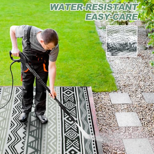 Lahome Outdoor Plastic Straw Rug, Reversible Outdoor Rug Waterproof 9x12 Rugs for Patio, RV Camping Rug Picnic Mat Outside Large Carpet for Beach Deck Backyard Balcony(Grey/Black,9'x 12') - color: Black/Grey, size: 9'x12'