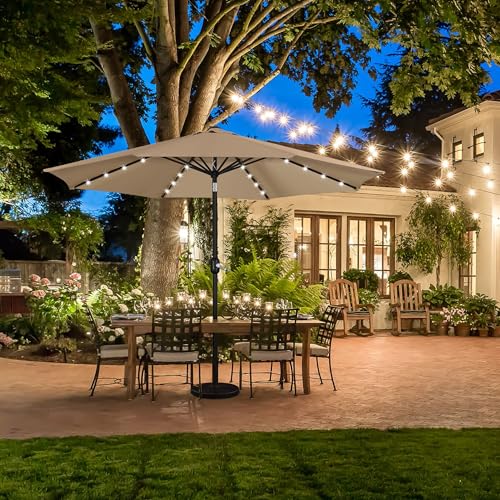 Yaheetech 11FT Solar Umbrella Lighted Patio Umbrella w/Tilt & Crank Lift System, Outdoor Market Sunshade with 32 LED Lights for Pool, Porch, Garden, Deck, Backyard, Tan - color: Tan, size: 11FT