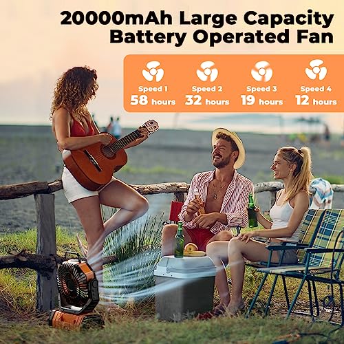 Camping Fan - 20000mAh Battery Powered Fan Rechargeable with LED Lantern - Portable Outdoor Tent Fans with Hanging Hook 4 Speeds Wind Remote Control, Black and Orange - color: Black and Orange