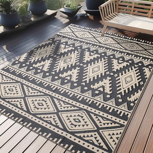 OLANLY Outdoor Rug Waterproof 5x8 ft, Reversible Outdoor Plastic Straw Rug, Boho Patio Rug, Indoor Outdoor Carpet, RV Mat Outside for Patio, Camp, Picnic, Balcony, Deck, Backyard, Black & Beige - color: Black & Beige, size: 5' X 8' (Rectangular)