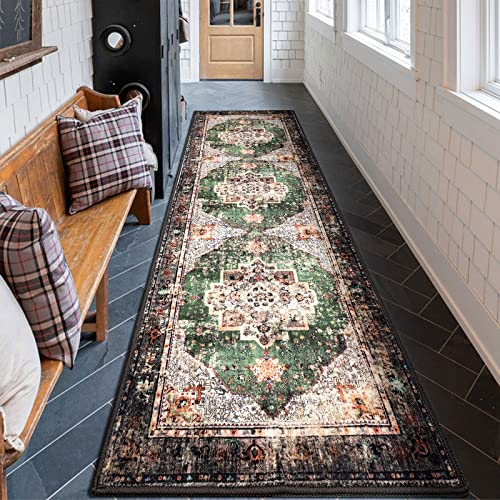 2x8 Runner Rug Green Boho Area Rugs for Hallway Indoor Laundry Room Bathroom Lightweight Non Slip Vintage Rug Washable Retro Distressed Carpet - color: A#green, size: 2' x 8' (Rectangular)