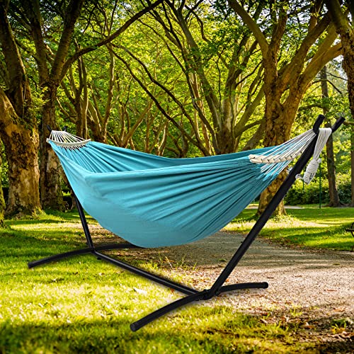 SZHLUX Double Hammock with Stand Included 450lb Capacity Steel Stand, Premium Carry Bag Included.Indoor Outdoor Brazilian-Style Cotton Bed for Backyard, Camping,Garden - color: Cyan