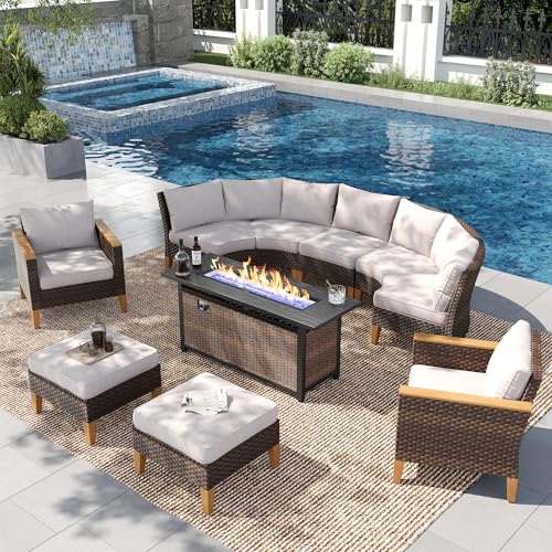PHI VILLA Half-Moon Patio Furniture Set with 56" Fire Pit Table, Wicker Outdoor Curved Sectional Sofa with Cushions, Ottomans, Single Seats, Large Conversation Seating for Garden or Backyard, Beige - color: Beige+fire Pit, size: 9 Seats - Curved