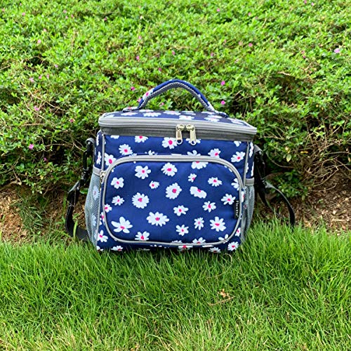 FlowFly Insulated Reusable Lunch Bag Adult Large Lunch Box for Women and Men with Adjustable Shoulder Strap,Front Zipper Pocket and Dual Large Mesh Side Pockets,Daisy - color: Daisy