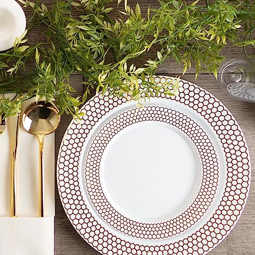 PLASTICPRO 32 Pack Elegant Disposable Plastic Plates Combo Set Includes 16 Dinner Plates and 16 Salad Plates Heavy Duty Fancy Party Plates White & Gold Honeycomb Design - color: White & Gold Honeycomb