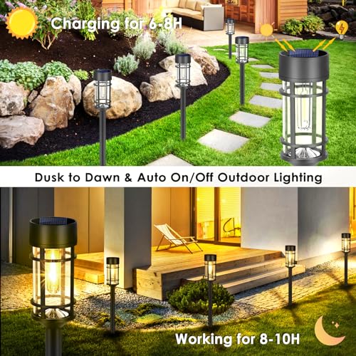 Mancra Solar Pathway Lights, 8 Pack LED Solar Lights Outdoor Waterproof, Glass Metal Garden Lighting for Yard Path Landscape Lawn Walkway Driveway, 3000K - color: Black