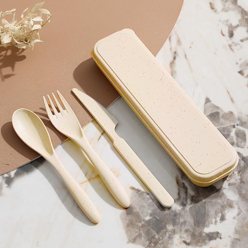 Reusable Travel Utensils Set with Case, Portable Wheat Straw Cutlery (Knife Fork Spoon), Compact To-Go Flatware for Lunch Travel Picnic,Beige - color: Beige