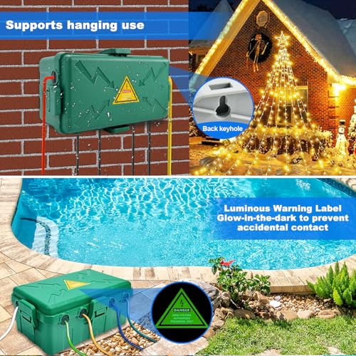 Hrensaw Medium Outdoor Electrical Box(10.6x5.7x4.9inch),Weatherproof Connection Box w/6 Cable Entry,IP54 Waterproof Extension Cord Cover Protect Power Strip,Timer,Plug,Holiday Lights,Green - color: Green, size: Medium