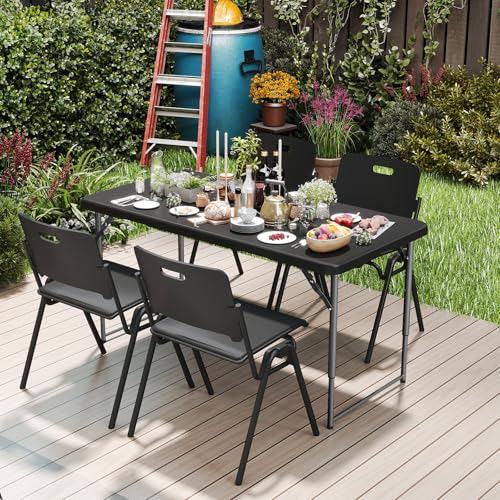 Folding Table 4 Foot Portable Heavy Duty Plastic Fold-in-Half Utility Table Small Indoor Outdoor Adjustable Height Folding with Carrying Handle, Camping and Party Black - color: Black, size: 4Ft