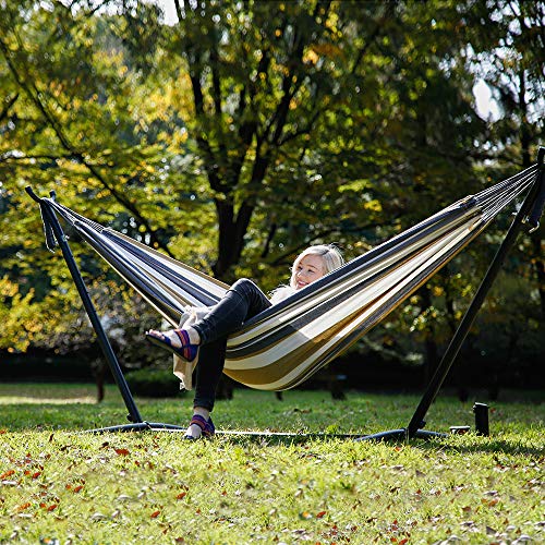 Vivere Double Cotton Hammock with Space Saving Steel Stand, Upgraded Polyester End Strings 450 lb Capacity - Premium Carry Bag Included (Desert Moon) - color: Desert Moon