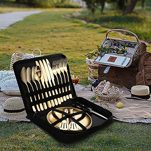 Picnic Dishes Utensils Gold Camping Flatware Set for 4 Portable Dinnerware Plates Silverware Forks Spoons knives Bottle Opener Food Tongs Complete Kit with Zipper Bag - size: 20, style: Gold Camping Flatware