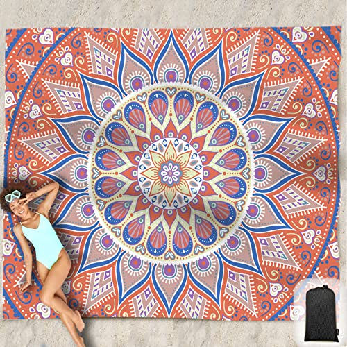 Beach Blanket Waterproof Sandproof Oversized 95”x 80”,Sand Free Beach Mat with Corner Pockets,Portable Mesh Bag for Beach Festival,Picnic,Travel and Outdoor Camping (SunsetOrange Blue) - color: Sunsetorange Blue