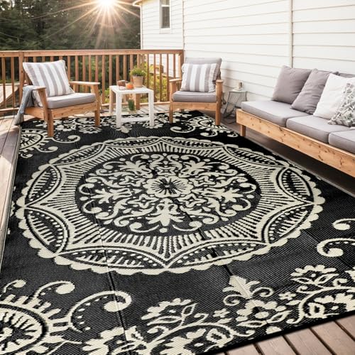 Capslpad Outdoor Rug 8x10 Patio Waterproof Boho Floral Plastic Straw Rug Large Foldable Vintage Outside Carpet with Carry Bag for RV Backyard Balcony Bench Picnic Porch,Black and Brown - color: Black&brown, size: 8' x 10' (Rectangular)