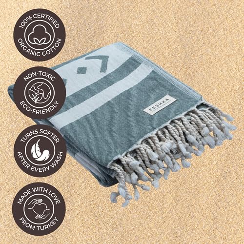FESHKA Sand Free Turkish Beach Towel (37 x 67) Quick Dry Bath Towel, Oversized Beach Blanket, Lightweight for Travel - Made with 100% Organic Turkish Cotton - Aztec (Green) - color: 19 - Dark Green