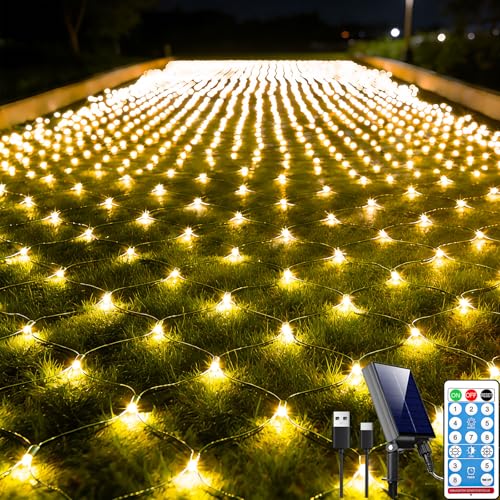 21ft x 5ft Solar Net Lights, 360LED Christmas Net Lights Solar & USB Powered, Waterproof Mesh String Lights 8 Modes Green Wire for Bushes Patio Garden Xmas Holiday Party Outdoor Decor (Warm White) - color: Warm White, size: 21ftx5ft (Green Wire)